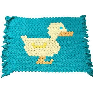 Vintage Crochet Duck Afghan Blanket Fringe Teal Baby Duckling Nursery Decor OOAK